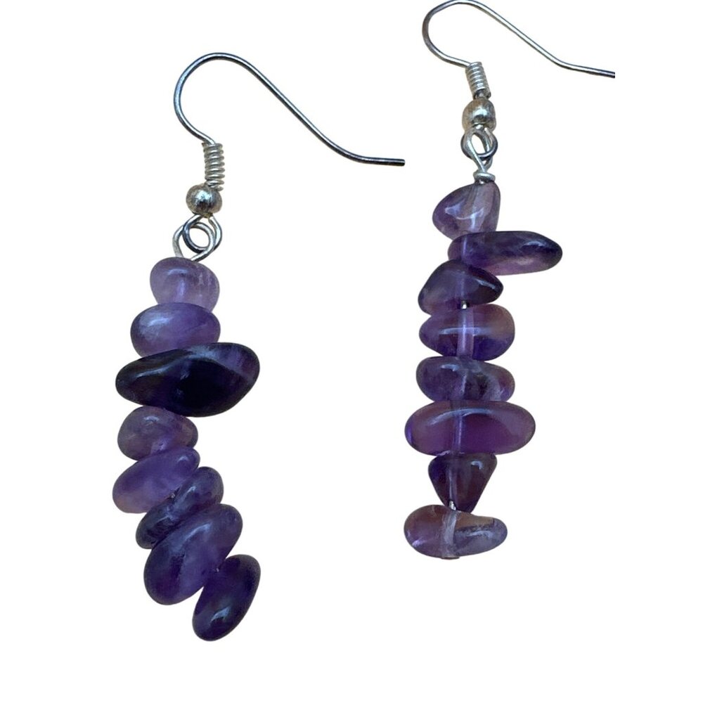Natural Amethyst Gemstone Chip Earrings Purple Bead Dangle Drop Boho Chic Hippie